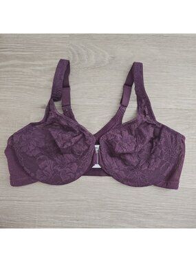Glamorise Front Closure Lace T-Back Bra 40C Underwire Wonderwire Plum Purple